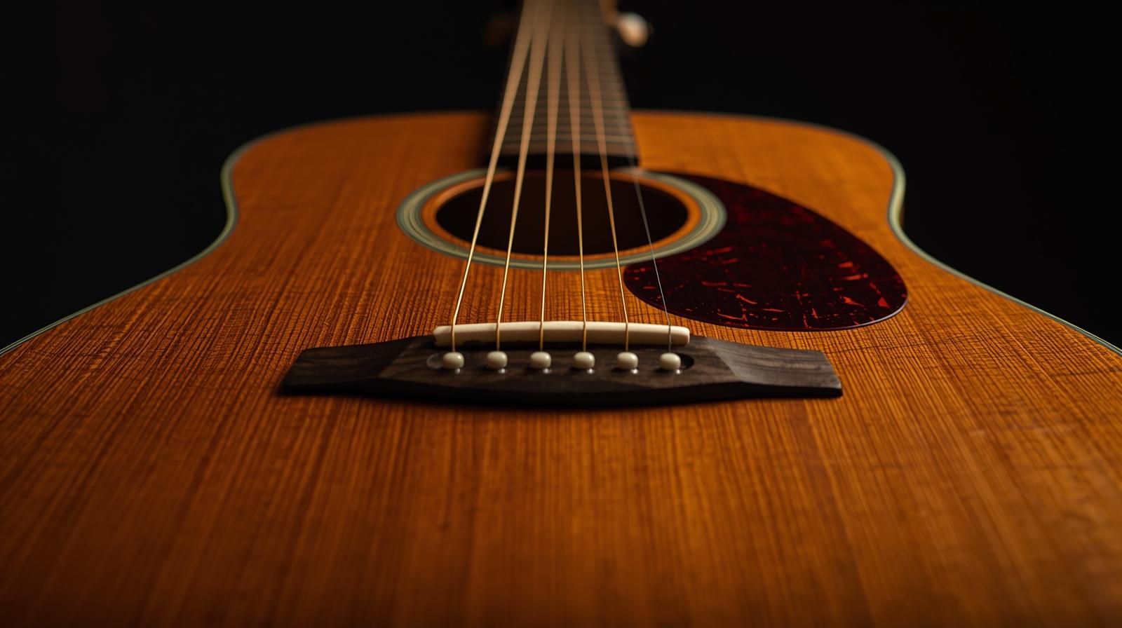 OMタイプギターの正面写真 - バランスの良いボディシェイプを強調