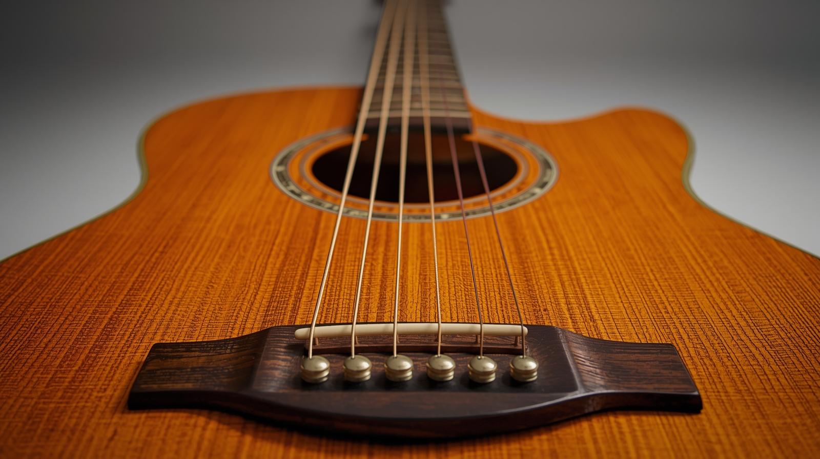 アコースティックギターの全体写真 - 美しいナチュラルウッドのボディと弦を強調した構図