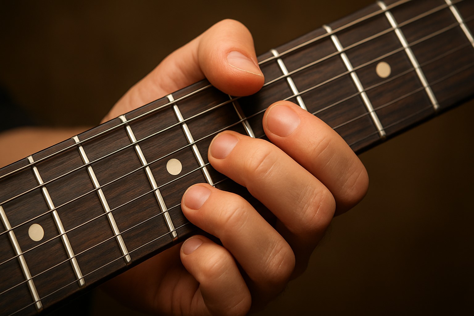 エレキギターの弦を押さえる様子