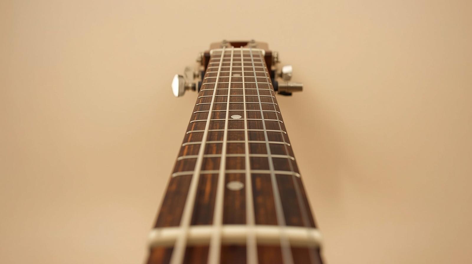 クラシックギターのネック部分クローズアップ - ストレートネックと平らな指板の構造を強調した詳細写真を100%幅で配置