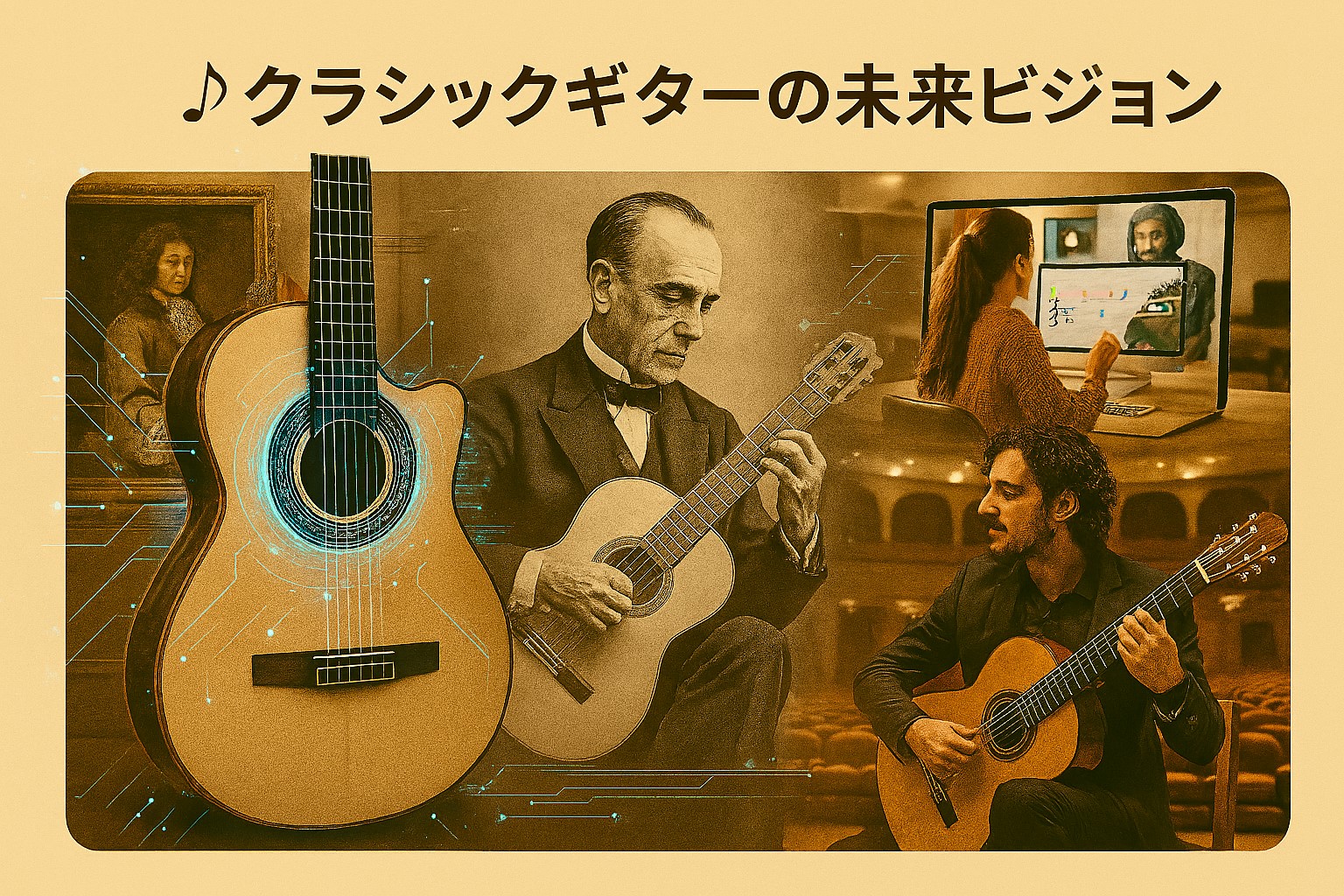 クラシックギターの未来ビジョン - 伝統的な楽器と最新技術が融合した革新的デザインコンセプト、デジタル学習環境、グローバルな演奏コミュニティを表現した未来志向画像を100%幅で配置