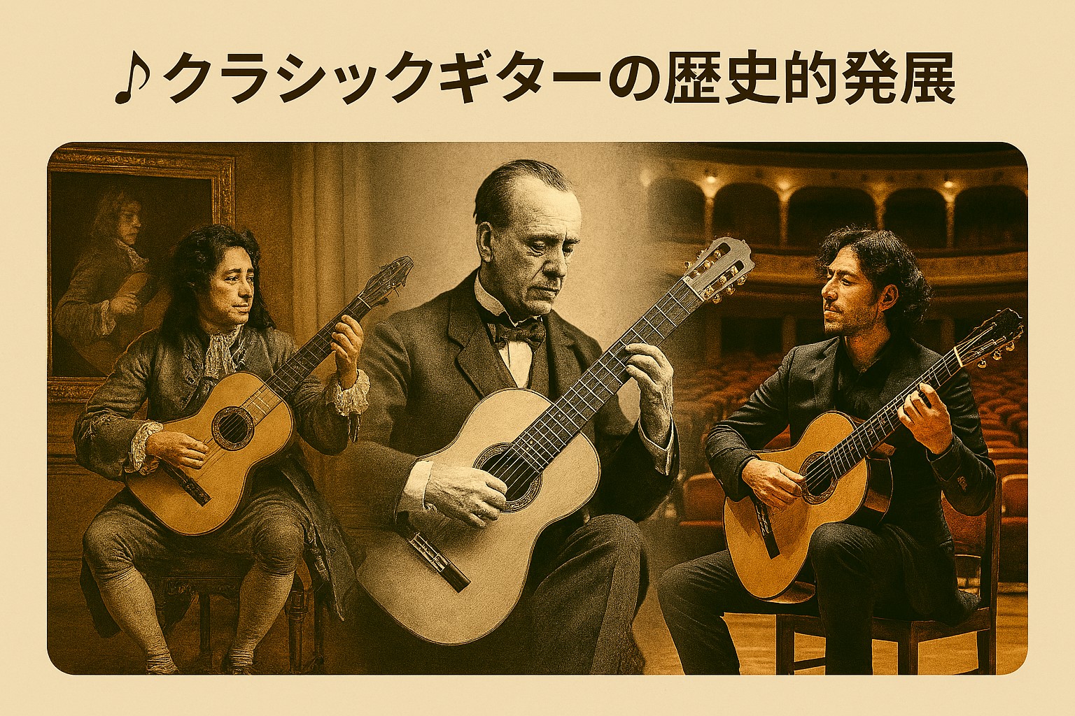 クラシックギターの歴史的発展 - 古典的な楽器から現代のコンサートホールでの演奏まで、時代を超えた芸術的価値を表現した歴史的画像を100%幅で配置