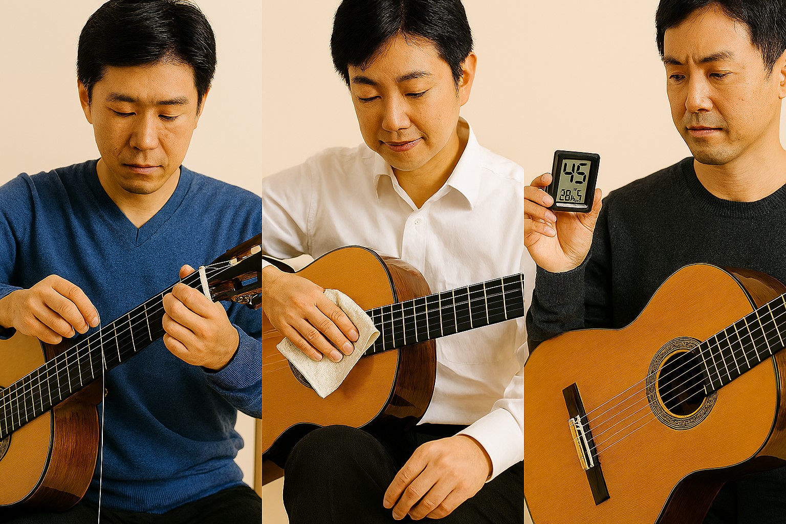 クラシックギターメンテナンス工程 - 弦交換、ボディクリーニング、湿度計測の詳細手順を示した実践的画像を100%幅で配置