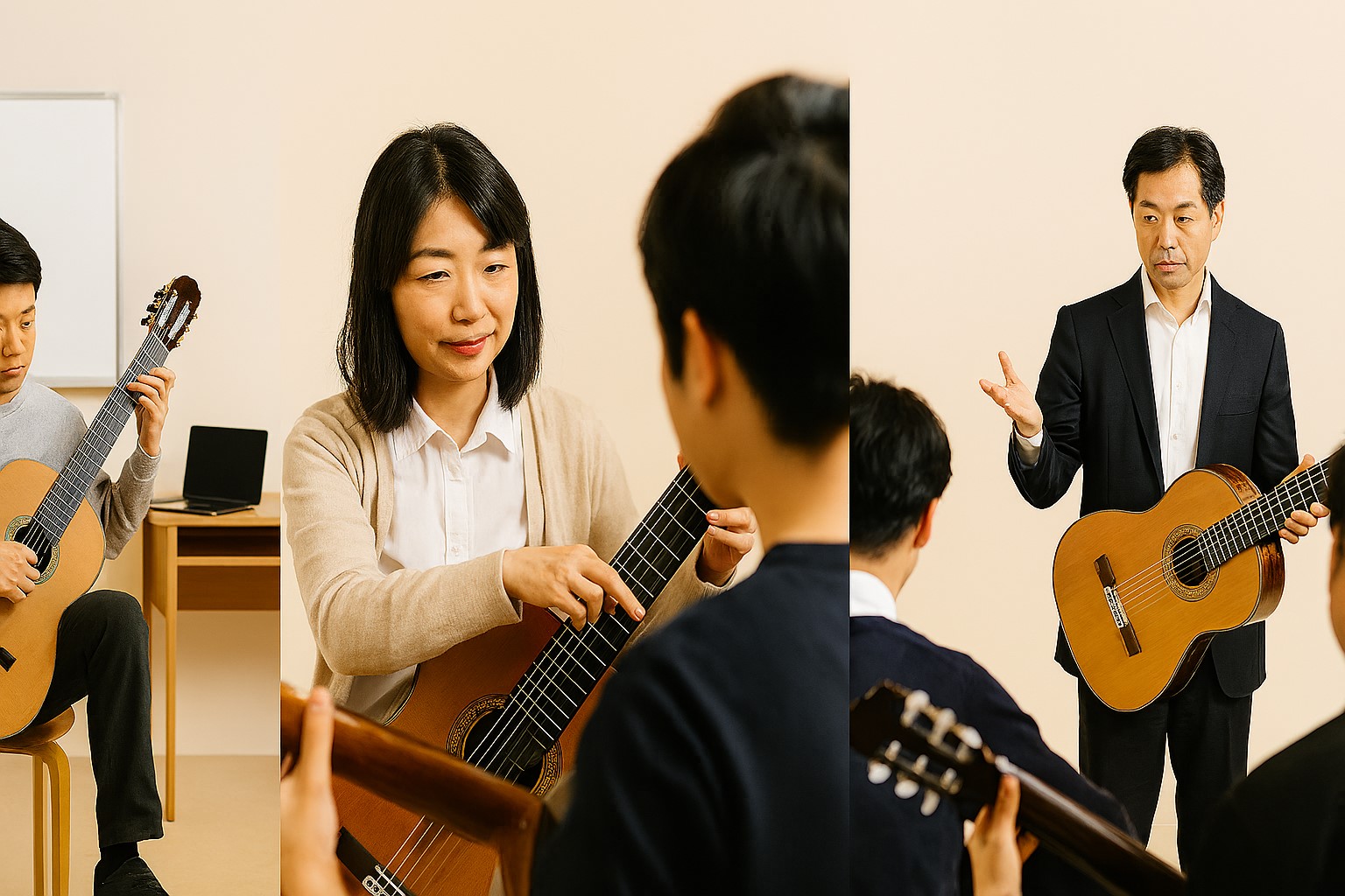 クラシックギター学習環境のパノラマ - 音楽院の練習室、個人レッスン風景、マスタークラスの様子を組み合わせた教育的画像を100%幅で配置