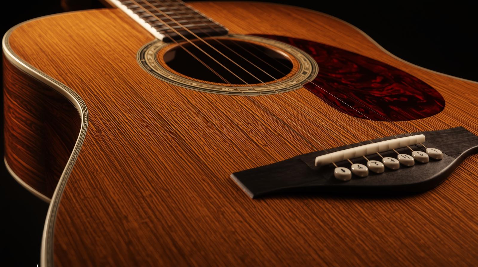 ジャンボボディギターの斜め写真 - 大きなボディと豊かな木目を強調