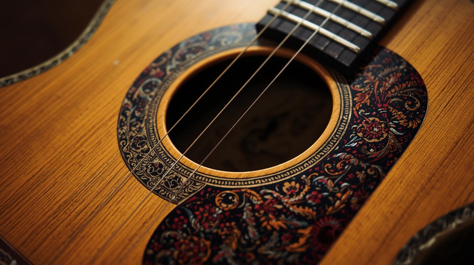 パーラーギターのクローズアップ - 小さなボディサイズと美しい装飾を強調