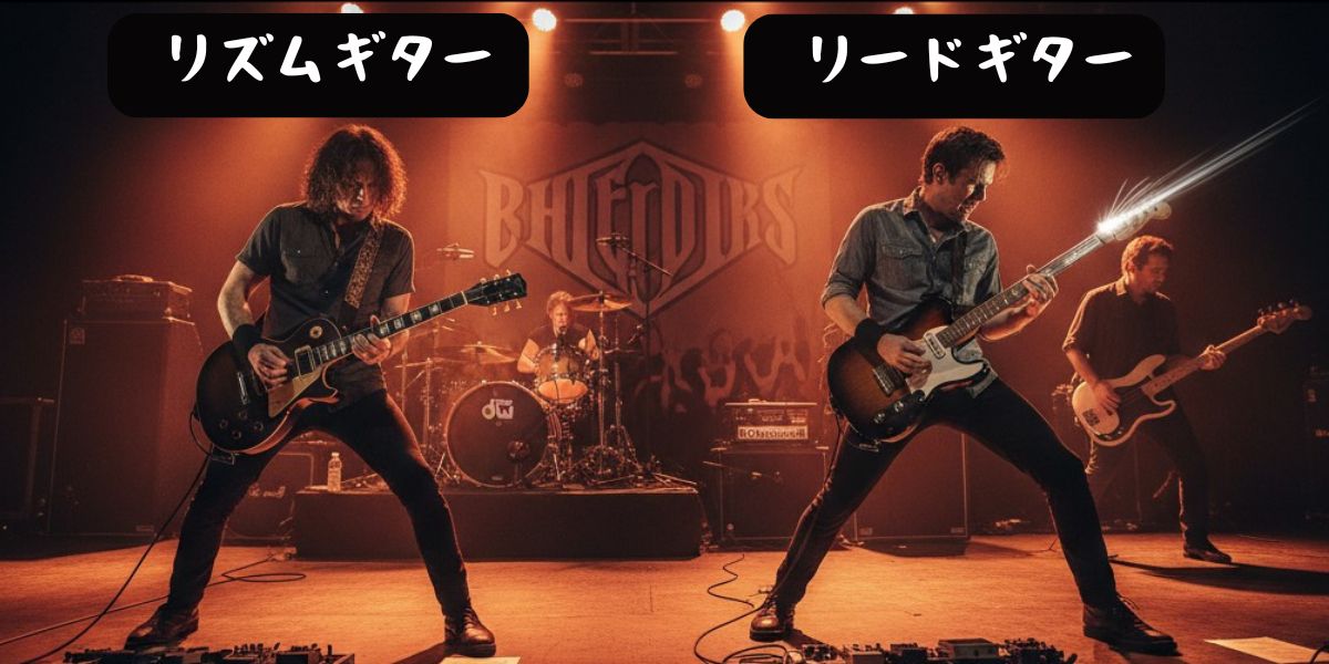 リズムギターとリードギターの役割分担を示す演奏風景