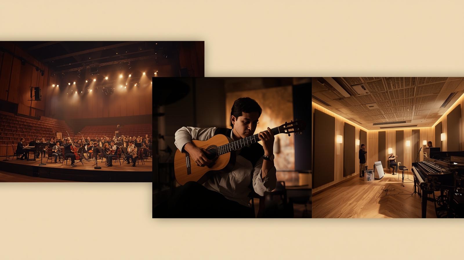様々なジャンルでのクラシックギター演奏シーン - コンサートホール、ジャズクラブ、録音スタジオでの演奏風景を組み合わせたコラージュ画像を100%幅で配置