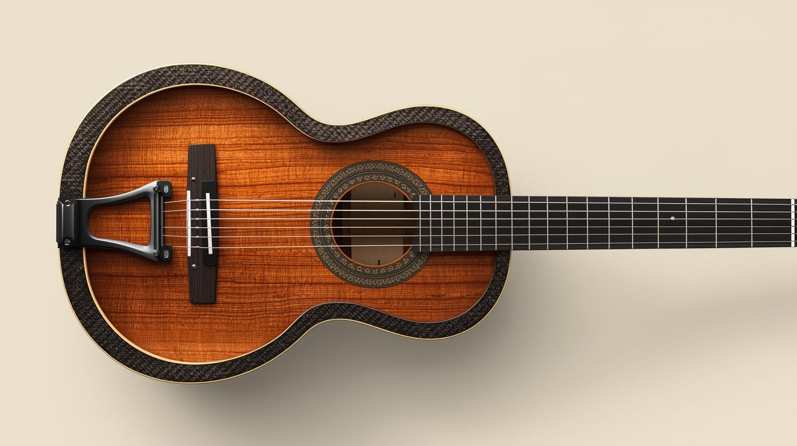 ハイブリッド構造のクラシックギター断面図 - カーボンファイバー素材と伝統木材の組み合わせを示すインフォグラフィック風画像を100%幅で配置